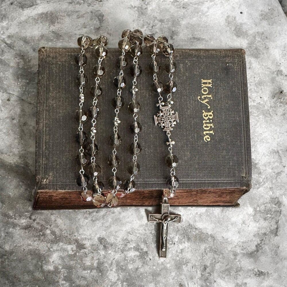 Smoky Quartz Rosary Necklace Handmade, Faceted Crystal Beads,Catholic Rosary